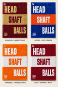 Poor Form Golf towel color lineup: garnet and gold, blue and orange, orange and white, and crimson and white.