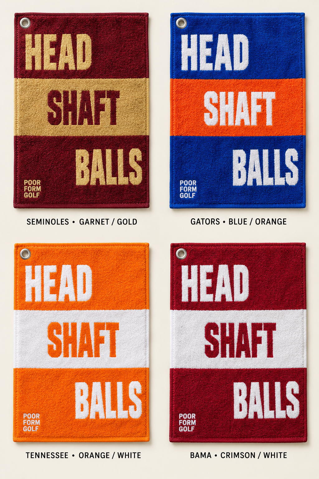Poor Form Golf towel color lineup: garnet and gold, blue and orange, orange and white, and crimson and white.