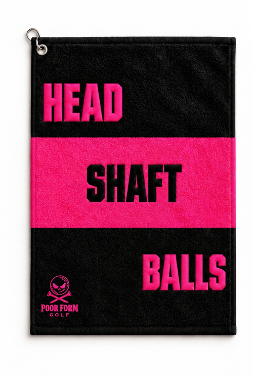 Black and pink Poor Form Golf towel with pink skull-and-crossed-tees logo.