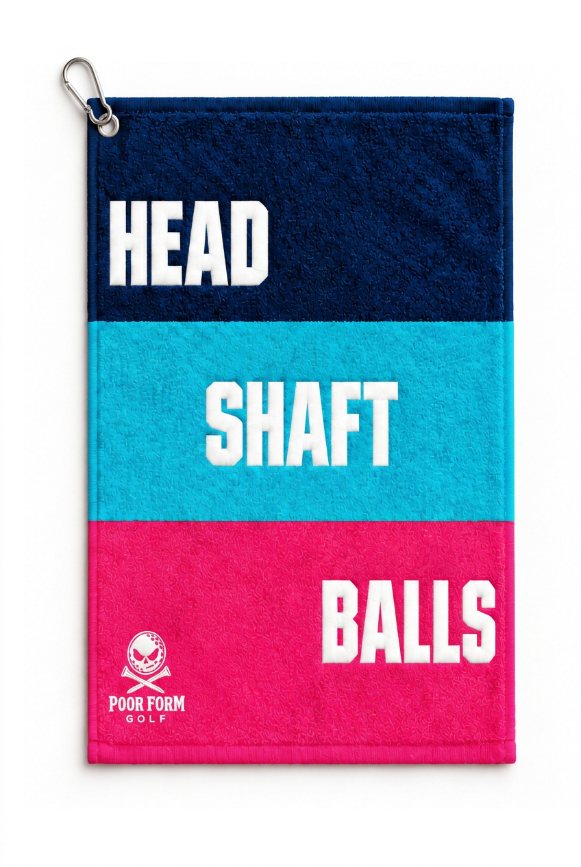 Navy, turquoise and pink Poor Form Golf towel with white skull-and-crossed-tees logo.